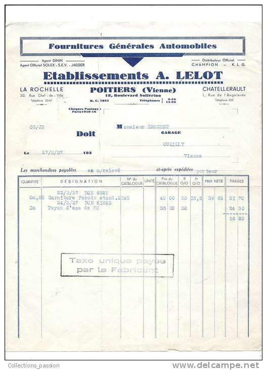 Facture, Etablissements A. Lelot - Fournitures Générales Automobiles - Poitiers (86) - 1937 - Auto's