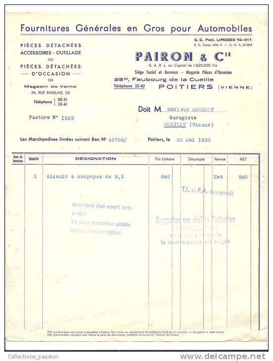 Facture, FOurnitures Générale En Gros Pour Automobiles - Pairon &amp; Cie - Poitiers (86) - 1953 - Auto's