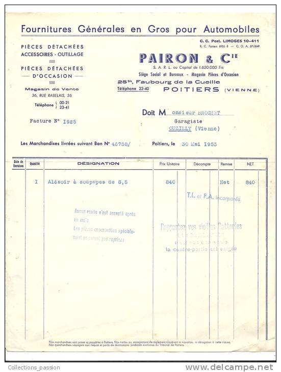 Facture, FOurnitures Générale En Gros Pour Automobiles - Pairon &amp; Cie - Poitiers (86) - 1953 - Automovilismo