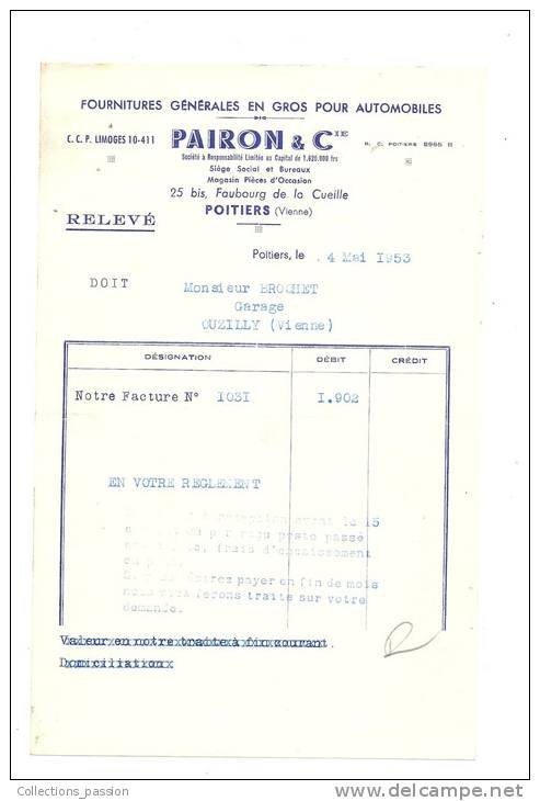 Facture, Fournitures Générale En Gros Pour Automobiles - Pairon &amp; Cie - Poitiers (86) - 1953 - Auto's