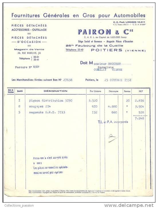 Facture, Fournitures Générales En Gros Pour Automobiles - Pairon &amp; Cie - Poitiers (86) - 1951 - Cars