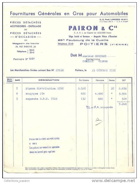 Facture, Fournitures Générales En Gros Pour Automobiles - Pairon &amp; Cie - Poitiers (86) - 1951 - Automovilismo