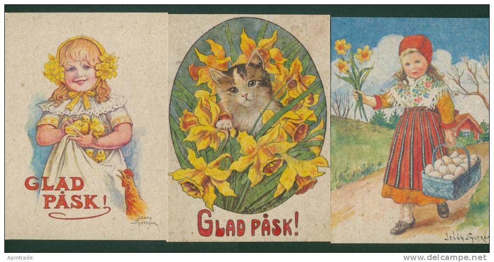 Sweden. 3 Different  Easter Card. Artist: Jenny Nystrom. Rooster, Flowers, Chicken. Girl. Cat. Egg. - Sweden