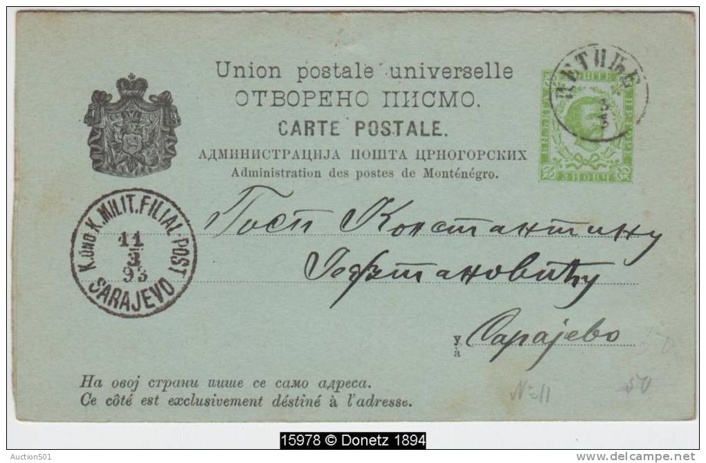 15978  KUK MILIT POST SARAJEVO Montenegro Postal Stationery Card Used In 1893 To Bosnia - Montenegro