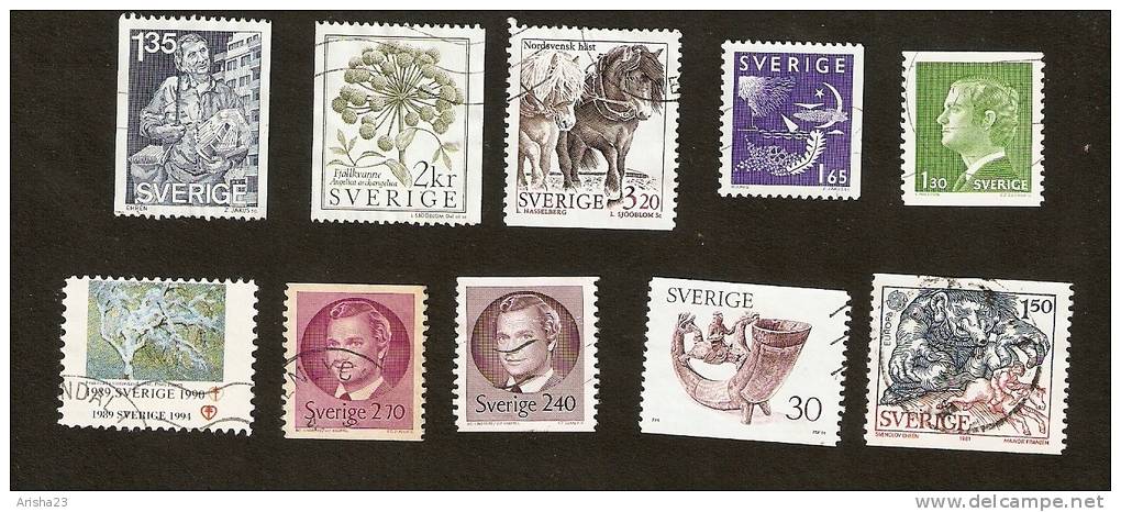 OS.12-5. Sweden, Sverige LOT Set Of 10 - 1981 Charles XVI Gustav 1982 Painter 1984 Flora Plant 1988 1994 Fauna Horse - Used Stamps