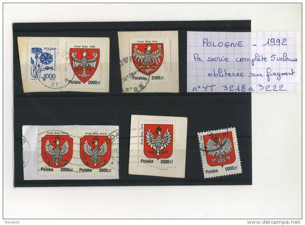 Série 5 Timbres - POLOGNE - 1992 - Oblitérée Sur Fragment - (armoirie De La Pologne - Oiseau) - Gebraucht