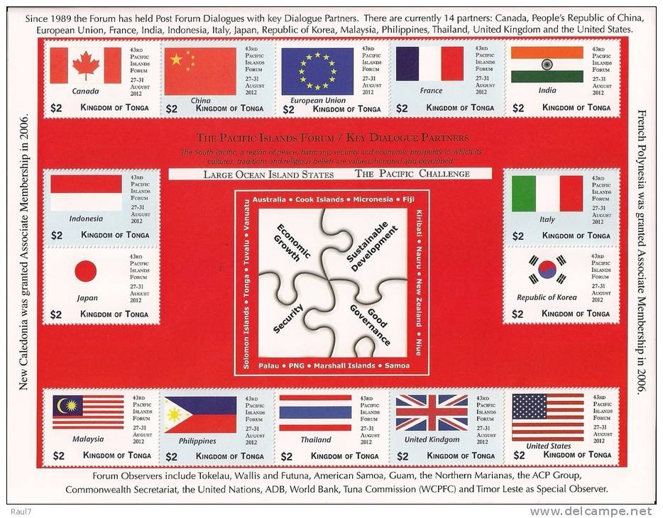 TONGA 2012 - Drapeaux Pays Invités Forum Du Pacifique Sud - Feuillet 14v Neufs // Mnh Sheetlet - Tonga (1970-...)