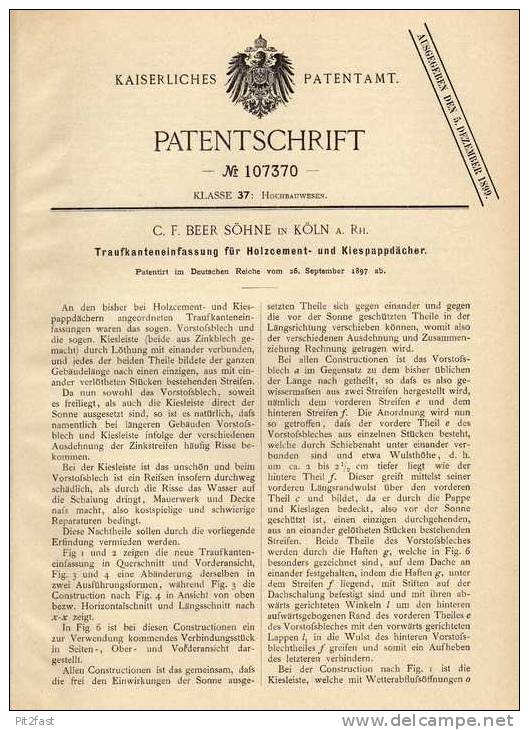 Original Patentschrift - C.F. Beer Söhne In Köln A. Rh., 1897 , Traufe Für Holzcementdach , Dachdecker !!! - Architectuur