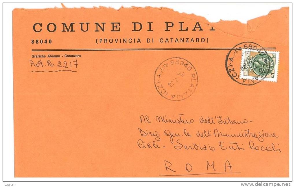 PLATANIA  88040 PROV. CATANZARO  - ANNO 1980 - LS -  TEMA TOPIC COMUNI D'ITALIA - STORIA POSTALE - Macchine Per Obliterare (EMA)
