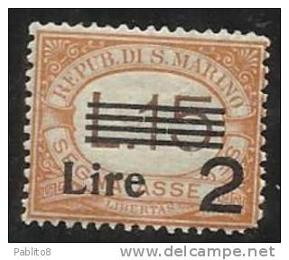 REPUBBLICA DI SAN MARINO 1936 - 1939 SEGNATASSE SOPRASTAMPATI OVERPRINTED LIRE 2 SU 15 MNH BEN CENTRATO - Impuestos