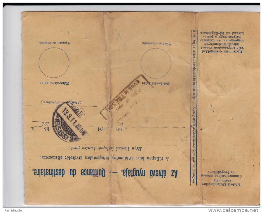 1911 - HONGRIE - CARTE POSTALE ENTIER BULLETIN D'EXPEDITION De BUDAPEST Pour PARIS - 2 PLIS TRES MARQUES - Postwaardestukken