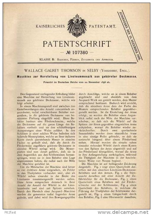 Original Patentschrift - W. Thomson In Selby , Yorkshire , 1898 , Maschine Für Linoleum - Mosaik !!! - Máquinas