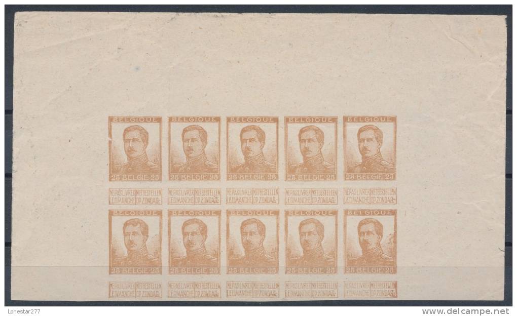 BELGIEN BELGIUM BELGIË # 102 II PROBEDRUCK COLOUR TRIAL PROOF BLOCK/10 (1913) - Proeven & Herdruk