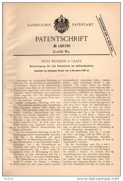 Original Patentschrift - Fritz Wendler In Glatz , Schlesien , 1902 , Schwänze Für Aktendeckel , Akten !!! - Sonstige & Ohne Zuordnung