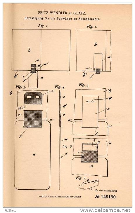 Original Patentschrift - Fritz Wendler In Glatz , Schlesien , 1902 , Schwänze Für Aktendeckel , Akten !!! - Altri & Non Classificati