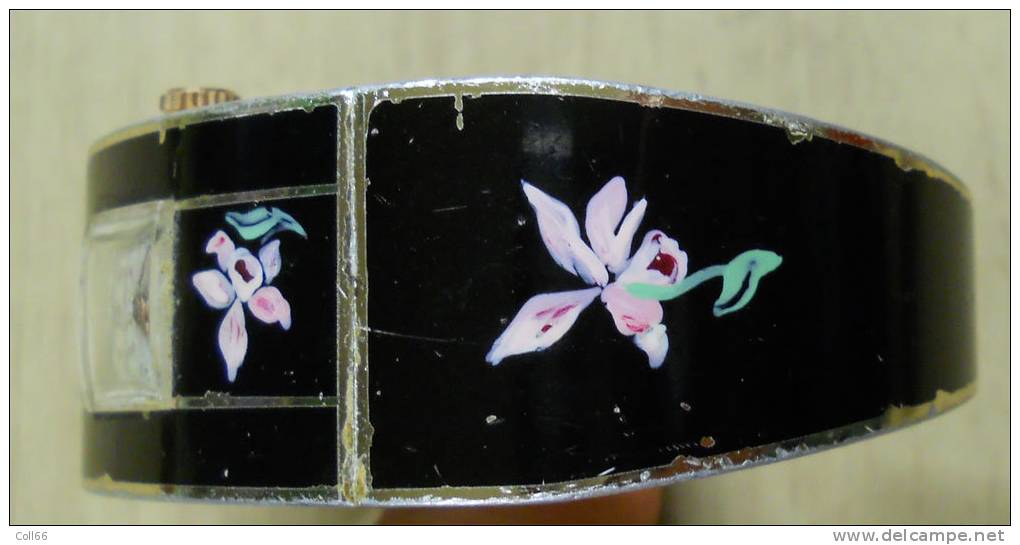 Montre Jean Perret Geneve Vintage Avangardiste Orchidées Peintes Sur Bracelet Aluminium Rivo Swiss Fonctionne - Montres Anciennes