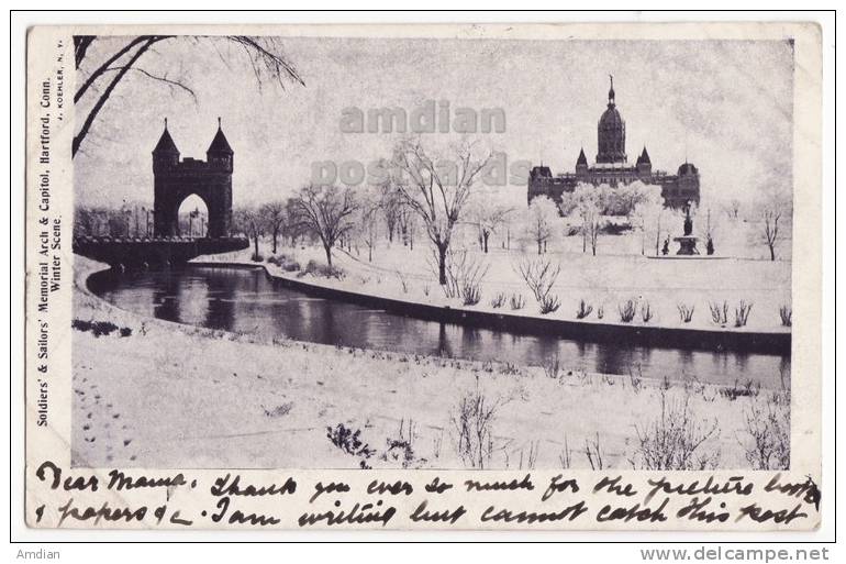 HARTFORD CT~MILITARY MEMORIAL ARCH & CAPITOL~1905 UDB Postcard~WINTER SCENE-SNOW -CONNECTICUT  [c3725] - Hartford