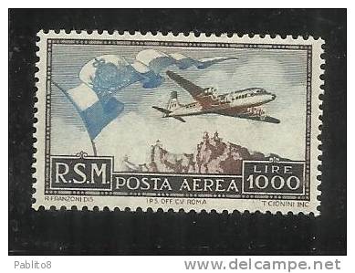 SAN MARINO 1951 POSTA AEREA AIR MAIL BANDIERA AEREO E VEDUTA FLAG PLANE VIEW LIRE 1000 MNH CERTIFICATO - Luftpost