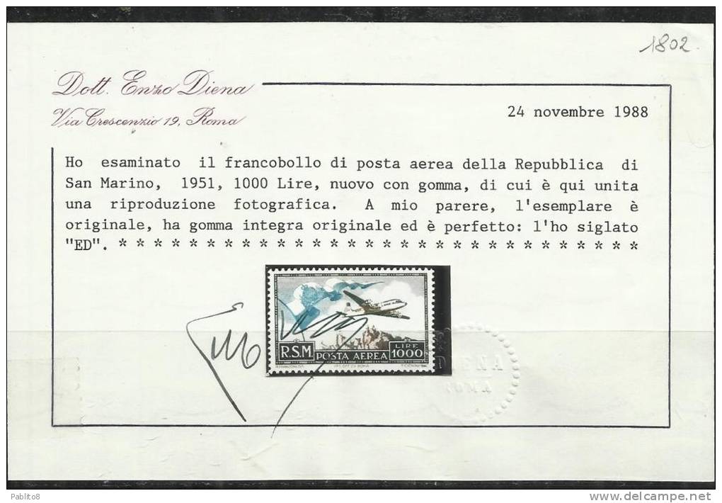 SAN MARINO 1951 POSTA AEREA AIR MAIL BANDIERA AEREO E VEDUTA FLAG PLANE VIEW LIRE 1000 MNH CERTIFICATO - Luftpost