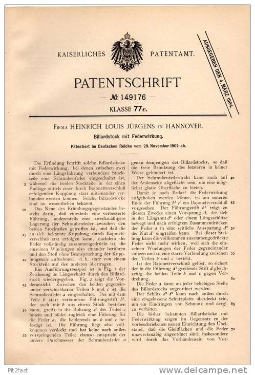 Original Patentschrift - Billardstock Mit Federwirkung , 1902 , Fa. H. Jürgens In Hannover , Billard !!! - Biljart