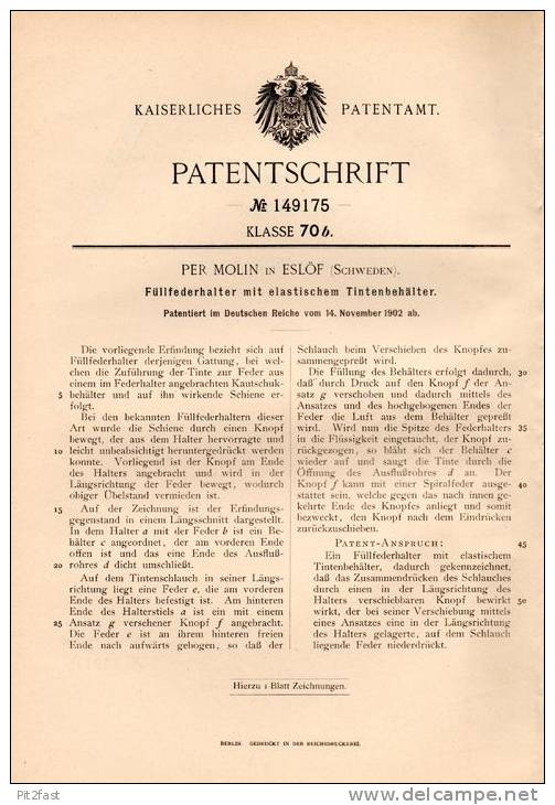 Original Patentschrift - Per Molin In Eslöv , Schweden , 1902 , Füllfederhalter Mit Elast. Tintenbehälter , Füller !!! - Pens