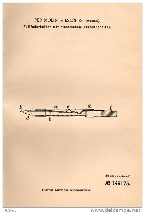 Original Patentschrift - Per Molin In Eslöv , Schweden , 1902 , Füllfederhalter Mit Elast. Tintenbehälter , Füller !!! - Schreibgerät