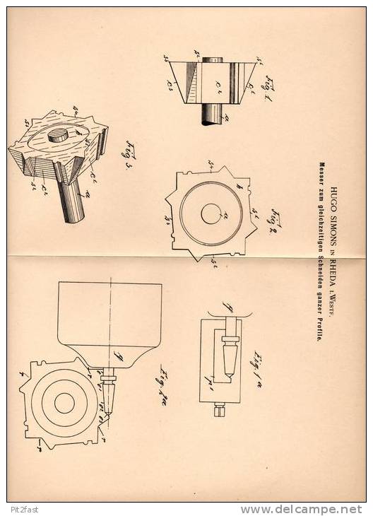 Original Patentschrift - Hugo Simons In Rheda I. Westf., 1902 , Messer Zum Schneiden Von Profil !!! - Antike Werkzeuge