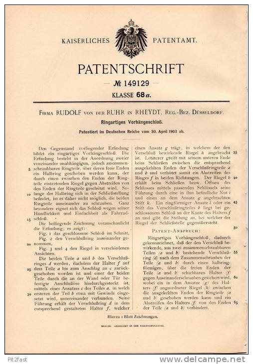 Original Patentschrift - Rudolf Von Der Ruhr In Rheydt , 1903 , Ringartiges Vorhängeschloß , Schloß !!! - Eisenarbeiten