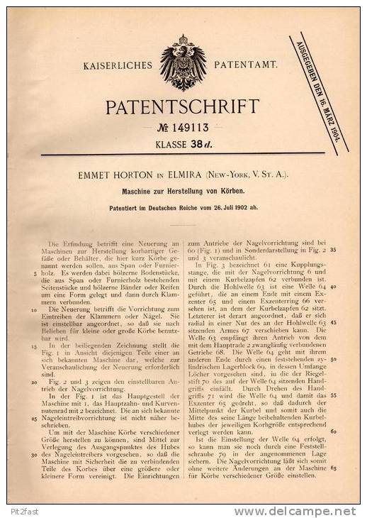 Original Patentschrift - Emmet Horton In Elmira , New-York , USA , 1902 , Maschine Für Körbe , Korb !!! - Tools