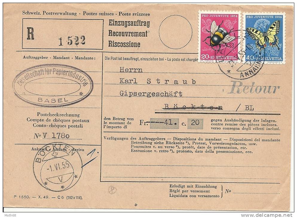 1955 Einzugsmandat 1x 20Rp. 1x 40Rp. Frankatur - Lettres & Documents