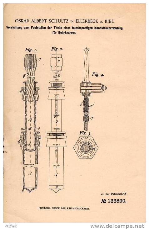 Original Patentschrift - O. Schultz In Ellerbeck B. Kiel , 1900 , Bohrknarren - Feststeller !!! - Historische Dokumente