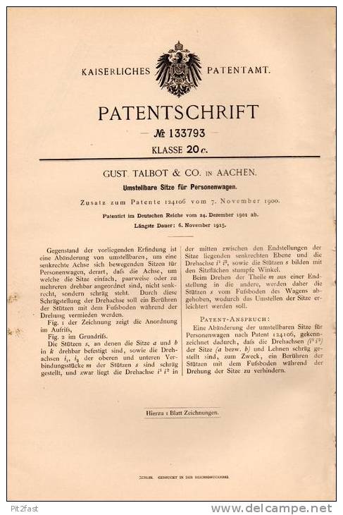 Original Patentschrift - Gust. Talbot In Aachen , 1901 , Sitze Für Personenwagen , Automobile !!! - Cars