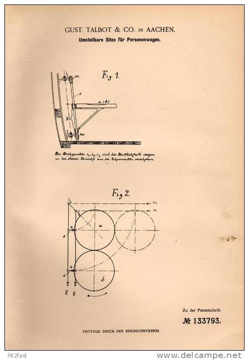 Original Patentschrift - Gust. Talbot In Aachen , 1901 , Sitze Für Personenwagen , Automobile !!! - Cars