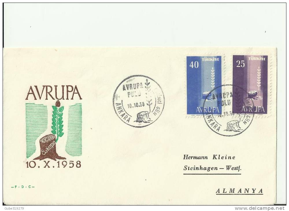 EUROPA CEPT 1958 - TURKEY   FDC ADDRESSED TO GERMANY  W 2 STAMPS OF 25-40 K POSTM ANKARA OCT 10 RETUEU50 - 1958