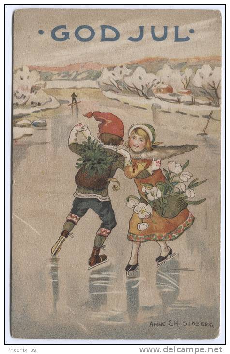 Anne CH. Sjoberg Pinx - Ice Skating, Art Postcard - Pattinaggio Artistico