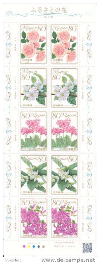 Japan Mi 5561-5565 Seasonal Flowers ** Japanese Rose: Ibaraki - Apple Blossom: Aomori - Woodland Primrose: Saitama 2011 - Blocks & Sheetlets