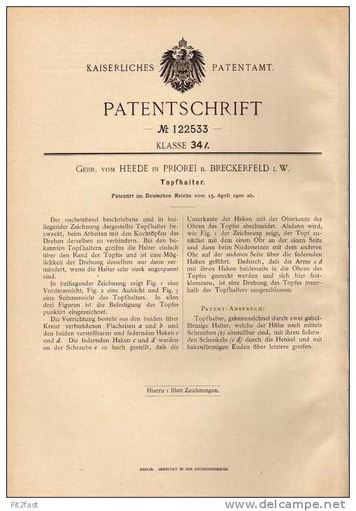 Original Patentschrift - Gebr. Vom Heede In Priorei B. Breckerfeld I.W. , 1900 , Topfhalter , Kochtopf , Küche !!! - Historische Dokumente