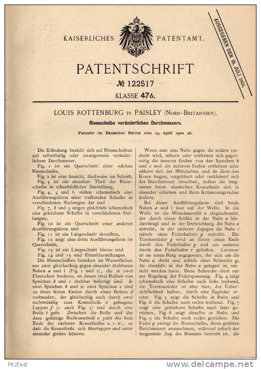 Original Patentschrift - L. Rottenburg In Paisley , 1900 , Riemscheibe Mit Veränderbarem Durchmesser !!! - Historische Dokumente