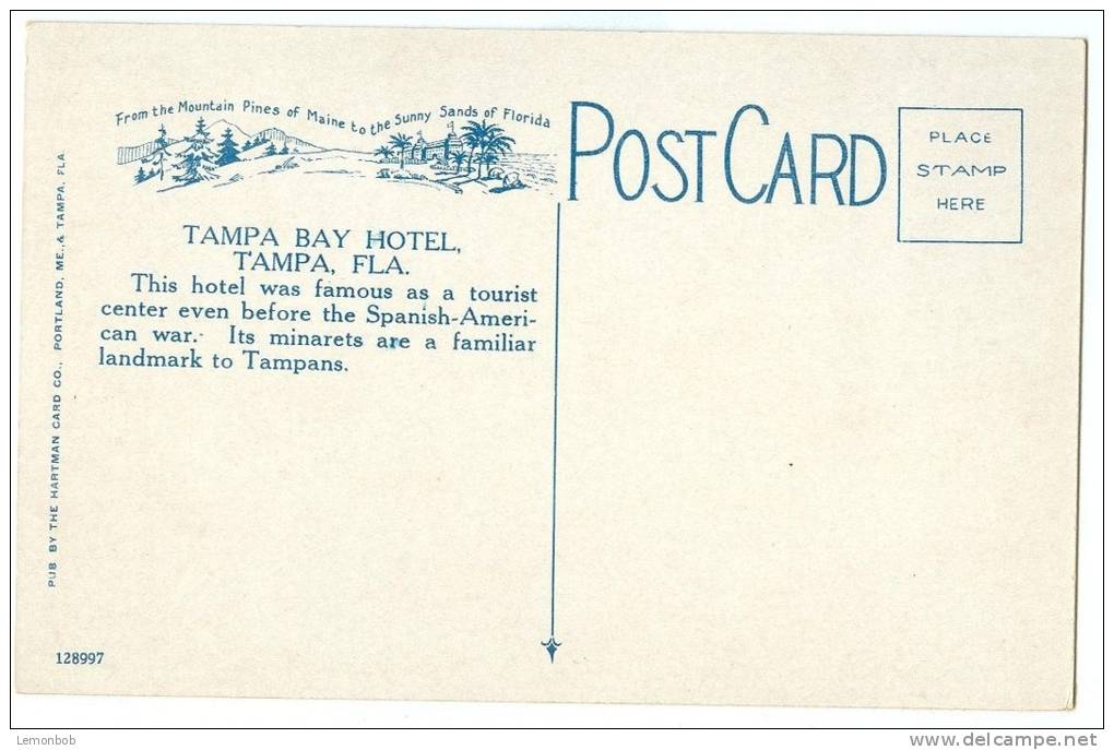 USA, Tampa Bay Hotel, Tampa Florida, The Cigar City, 1910s-1920s Unused Postcard [11545] - Tampa