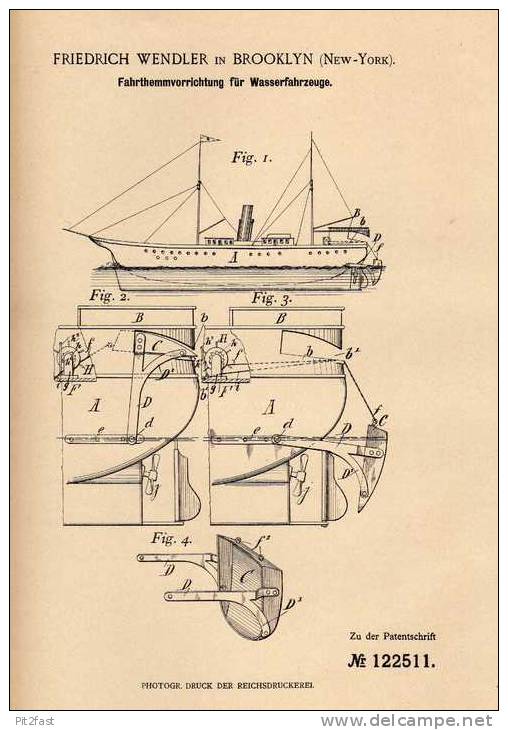 Original Patentschrift - F. Wendler In Brooklyn , 1900 , Hemmvorrichtung Für Schiffe , Boot , Schiff  !!! - Autres & Non Classés