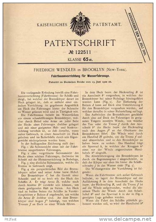 Original Patentschrift - F. Wendler In Brooklyn , 1900 , Hemmvorrichtung Für Schiffe , Boot , Schiff  !!! - Autres & Non Classés