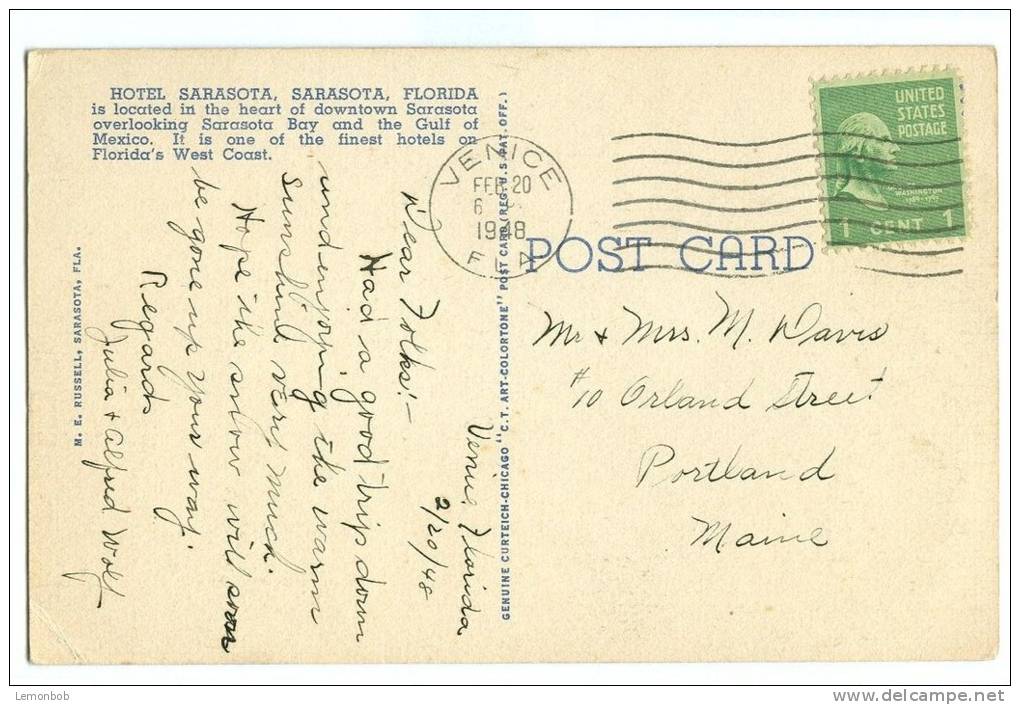 USA, Hotel Sarasota, Florida, 1948 Used Linen Postcard [11562] - Sarasota