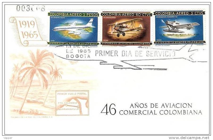 Airplanes 1965 Colombia 3 Stamps FDC Mi 1065-67 - Aviones