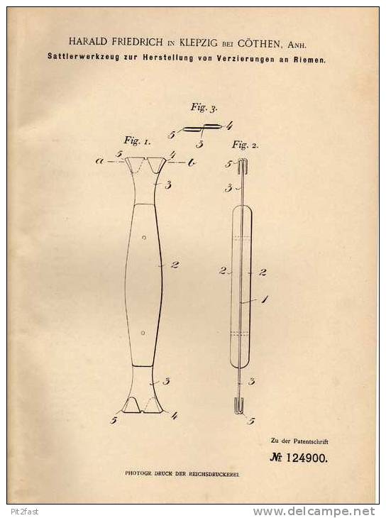 Original Patentschrift - H. Friedrich In Klepzig B. Cöthen , Anh., 1901 , Sattler - Werkzeug Für Verzierungen , Köthen ! - Antike Werkzeuge