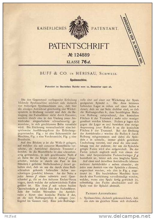 Original Patentschrift - Buff & Co In Herisau , 1900 , Spulmaschine !!! - Machines