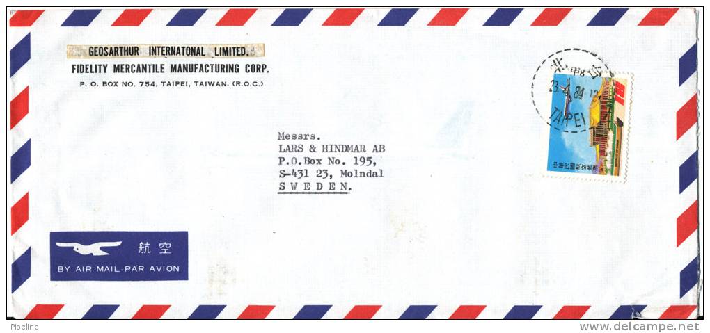 China Air Mail Cover Sent To Sweden Taipei 23-4-1984 Single Stamped AEROPLANE - Corréo Aéreo