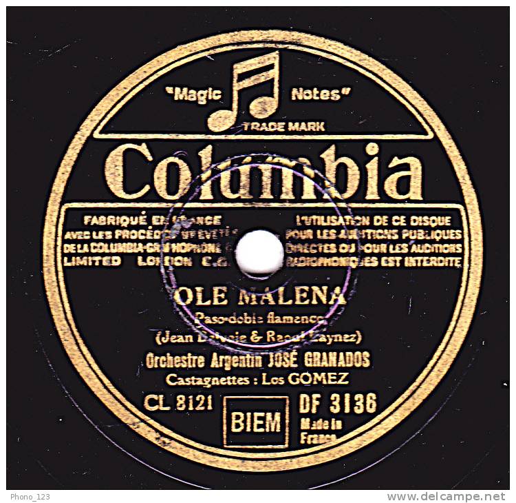 78 Tours - Columbia DF 3136 - JOSE GRANADOS - PRIMER AGUA - OLE MALENA - 78 Rpm - Schellackplatten