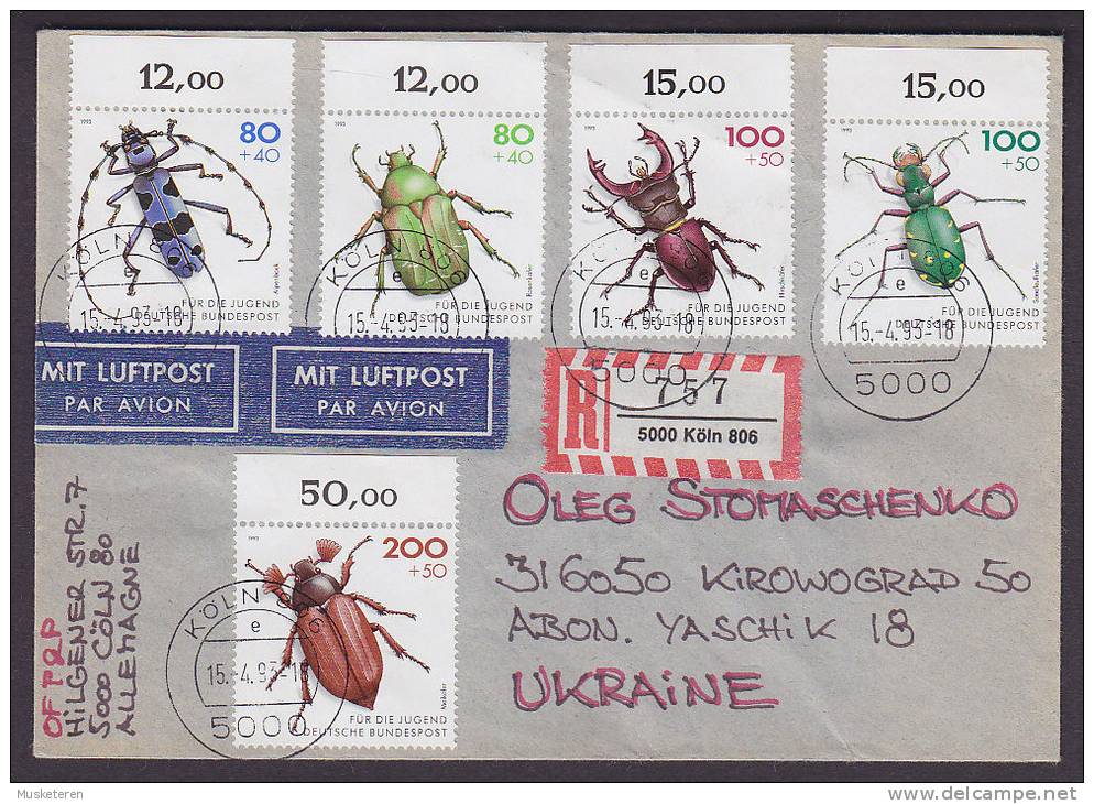 ## Deutschland Luftpost & Registered Einschreiben Labels KÖLN 1993 Cover Brief To Ukraine Käfer Beetle - Lettres & Documents