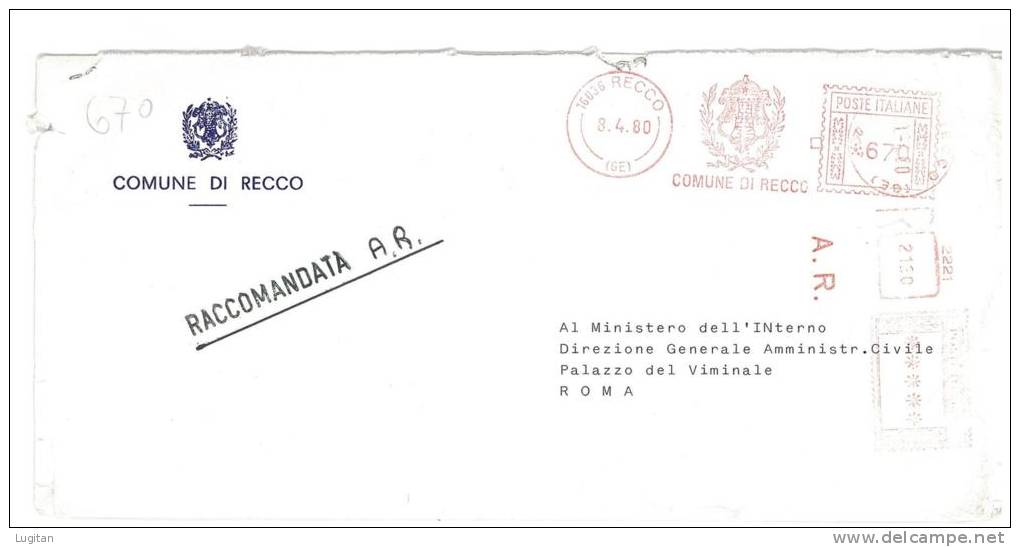 RECCO 16036 PROVINCIA DI GENOVA  - ANNO 1980 - FTOXL - R -TEMATICA COMUNI D'ITALIA - STORIA POSTALE - Macchine Per Obliterare (EMA)