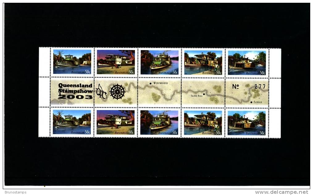 AUSTRALIA - 2003  MURRAY RIVER  GUTTER STRIP  OVPT QUEENSLAND STAMPSHOW  MINT NH - Blocks & Sheetlets